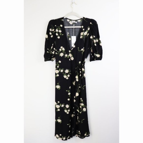 NWT Reformation Christa Puff Sleeve Black Floral Midi Wrap Dress XS - Picture 4 of 9